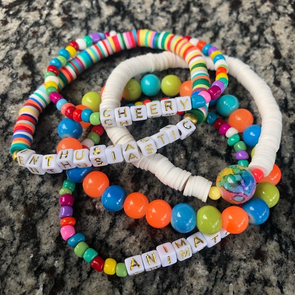 Heishi bead rubber rainbow set stack bracelet love cherry happy happiness gift - Picture 5 of 7